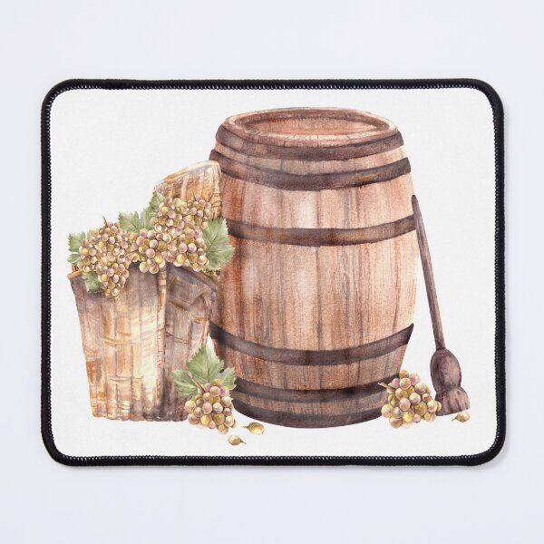 Item preview, Wine barrel with wicker basket, crusher, leaves, grapes harvest. Watercolor hand draw illustration  designed and sold by BartolArt.
