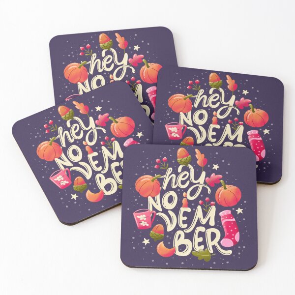 Item preview, Winter holiday card illustration with hand lettering and cute pumpkins, socks, leaves and moon. Purple background.  designed and sold by BlueLela.