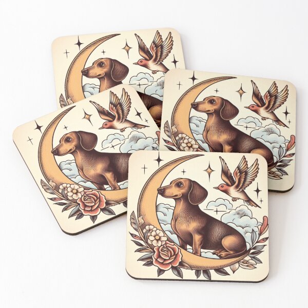 Item preview,  Old school style daschund with bird and moon designed and sold by thebennington12.