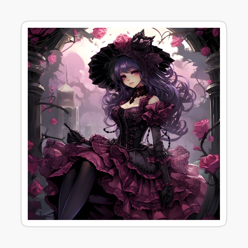 Gothic anime girl in pink dress portrait art