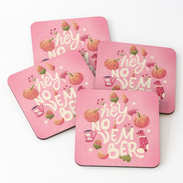 Item preview, Winter holiday card illustration with hand lettering and cute pumpkins, socks, leaves and moon. Pink background. designed and sold by BlueLela.