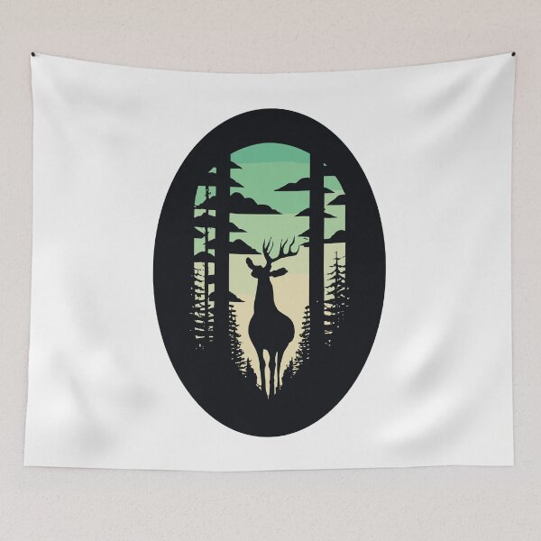 Item preview, Deer in a dark dense forest - visible silhouette and antlers of the deer against the background of trees designed and sold by desinganddecor.