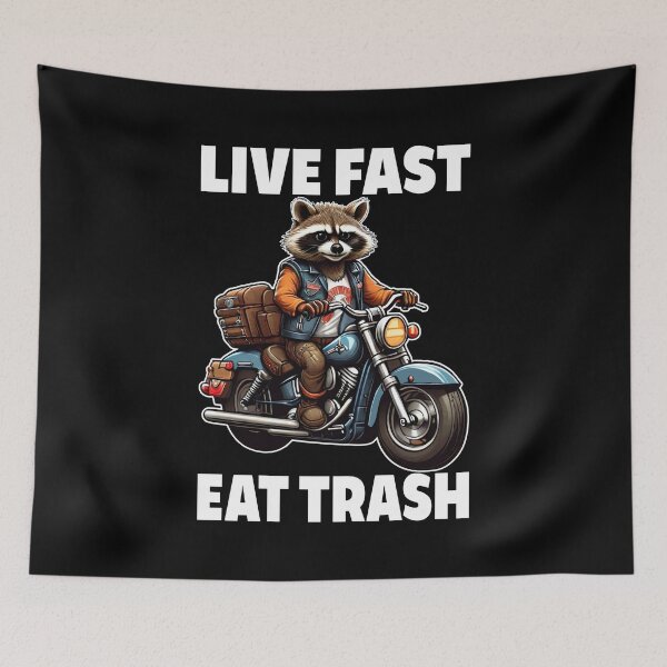 Item preview, Live Fast Eat Trash, Eat Trash Do Crime, Racoon Ride a Motorcycle, Funny Raccoon designed and sold by Porcupine Tees ⭐⭐⭐⭐⭐.