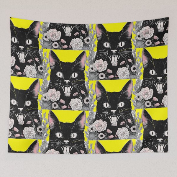 Item preview, Gothic black Cat mouth open floral  designed and sold by Catophile.