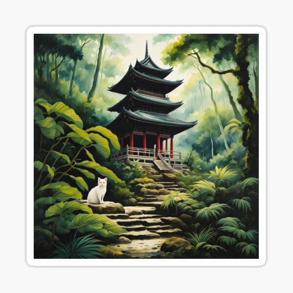 White cat in a Japanese forest Sticker