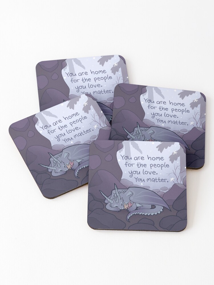 Thumbnail 1 of 5, Coasters (Set of 4), "You Are Home" Cozy Dragon Family designed and sold by thelatestkate.