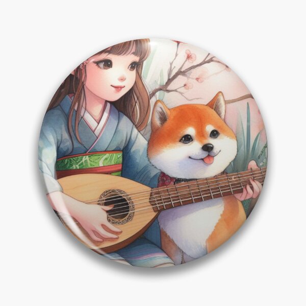 Item preview, Young Girl Playing the Biwa with Shiba Inu Puppy in Japanese Garden (#1 of 3) Sweet Pretty Child Music Dogs Gift designed and sold by ElegantTeaTime.