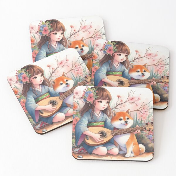 Item preview, Young Girl Playing the Biwa with Shiba Inu Puppy in Japanese Garden (#1 of 3) Sweet Pretty Child Music Dogs Gift designed and sold by ElegantTeaTime.