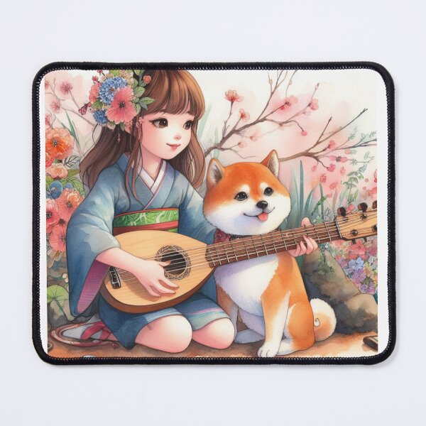 Item preview, Young Girl Playing the Biwa with Shiba Inu Puppy in Japanese Garden (#1 of 3) Sweet Pretty Child Music Dogs Gift designed and sold by ElegantTeaTime.
