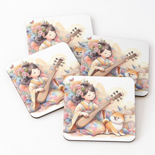 Item preview, Girl Playing the Biwa with Shiba Inu Puppy and Birds in Abstract Japanese Garden (#2 of 3) Sweet Pretty Child Music Dogs Gift designed and sold by ElegantTeaTime.