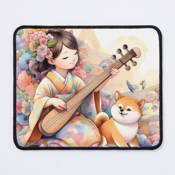Item preview, Girl Playing the Biwa with Shiba Inu Puppy and Birds in Abstract Japanese Garden (#2 of 3) Sweet Pretty Child Music Dogs Gift designed and sold by ElegantTeaTime.