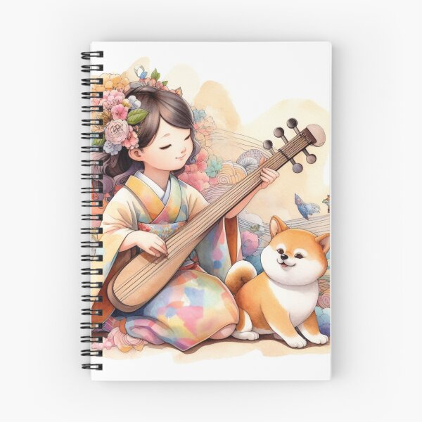 Item preview, Girl Playing the Biwa with Shiba Inu Puppy and Birds in Abstract Japanese Garden (#2 of 3) Sweet Pretty Child Music Dogs Gift designed and sold by ElegantTeaTime.