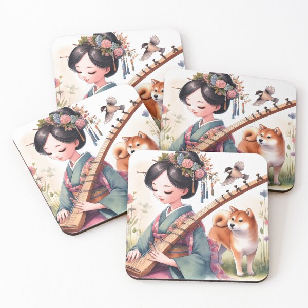 Item preview, Young Woman Playing the Biwa with Shiba Inu in Japanese Garden with Bird Sweet Pretty Child Music Dogs Gift (#3 of 3). designed and sold by ElegantTeaTime.