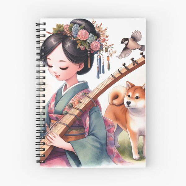 Item preview, Young Woman Playing the Biwa with Shiba Inu in Japanese Garden with Bird Sweet Pretty Child Music Dogs Gift (#3 of 3). designed and sold by ElegantTeaTime.