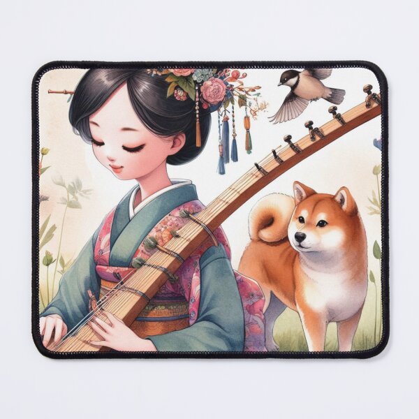 Item preview, Young Woman Playing the Biwa with Shiba Inu in Japanese Garden with Bird Sweet Pretty Child Music Dogs Gift (#3 of 3). designed and sold by ElegantTeaTime.
