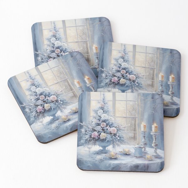 Item preview, A Christmas-decorated table in blue tones watercolor painting designed and sold by MargaretWiktor.