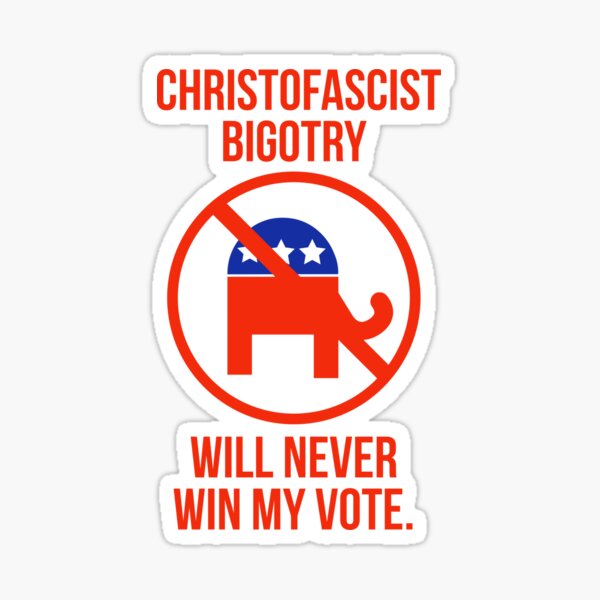 Vista previa del artículo con la obra «La intolerancia cristofascista nunca ganará mi voto», diseñado y vendido por Rachel the Artist .