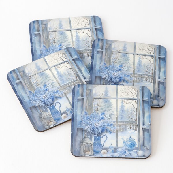 Item preview, Christmas-decorated window in blue tones watercolor painting designed and sold by MargaretWiktor.