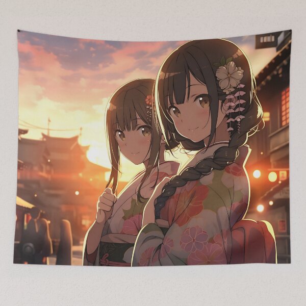 Item preview, Traditional Japanese Anime Girls in Kyoto at Sunset - Anime Wallpaper designed and sold by KAIGAME Art.