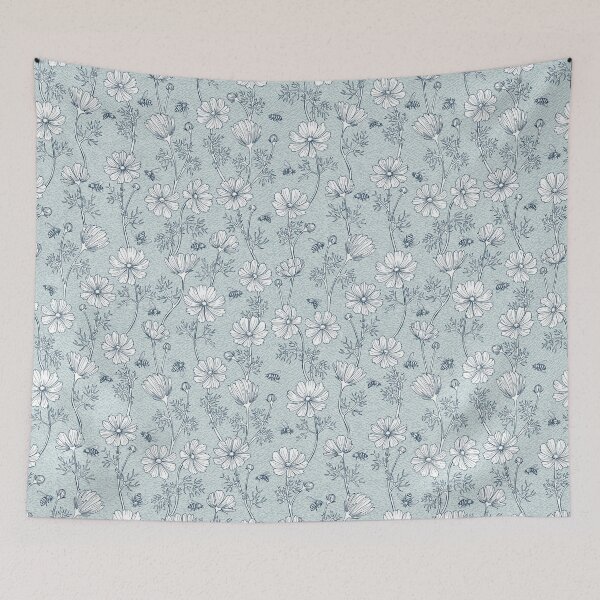 Item preview, Wild Cosmos and Honey Bees in Vintage Blue Flowers designed and sold by ArtfulFreddy.