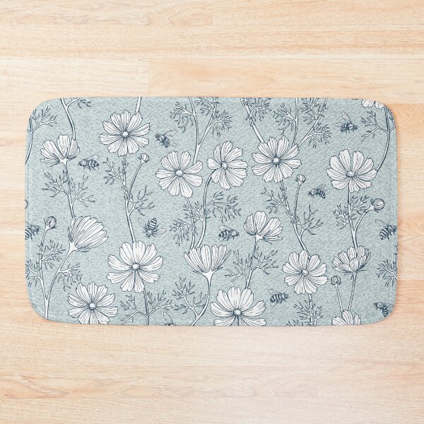 Item preview, Wild Cosmos and Honey Bees in Vintage Blue Flowers designed and sold by ArtfulFreddy.
