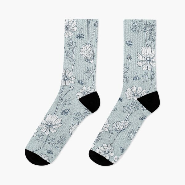 Item preview, Wild Cosmos and Honey Bees in Vintage Blue Flowers designed and sold by ArtfulFreddy.