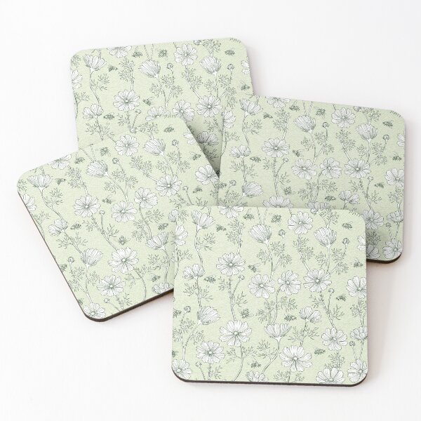 Item preview, Wild Cosmos and Honey Bees in Vintage Green Flowers designed and sold by ArtfulFreddy.