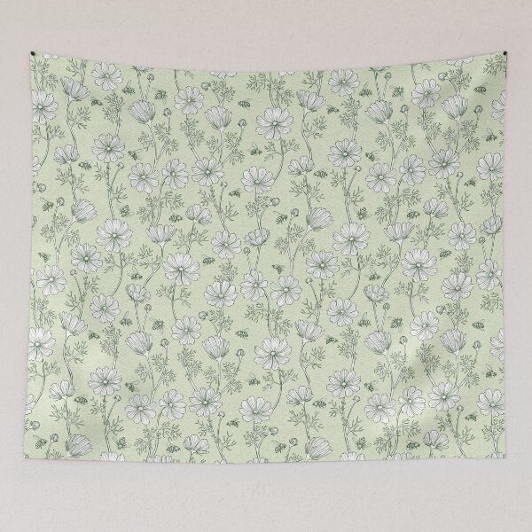 Item preview, Wild Cosmos and Honey Bees in Vintage Green Flowers designed and sold by ArtfulFreddy.