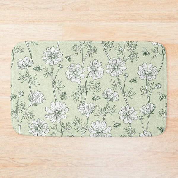 Item preview, Wild Cosmos and Honey Bees in Vintage Green Flowers designed and sold by ArtfulFreddy.