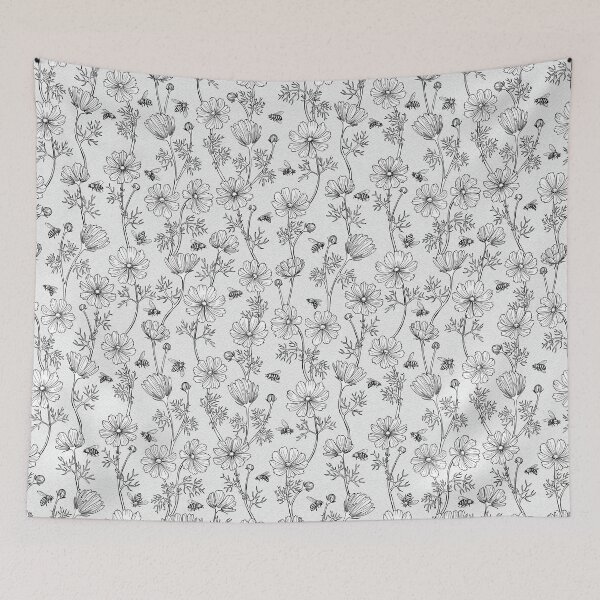 Item preview, Wild Cosmos and Honey Bees in Vintage Black and White Flowers designed and sold by ArtfulFreddy.