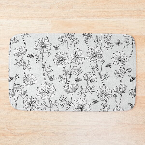 Item preview, Wild Cosmos and Honey Bees in Vintage Black and White Flowers designed and sold by ArtfulFreddy.
