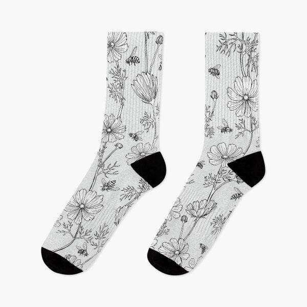 Item preview, Wild Cosmos and Honey Bees in Vintage Black and White Flowers designed and sold by ArtfulFreddy.