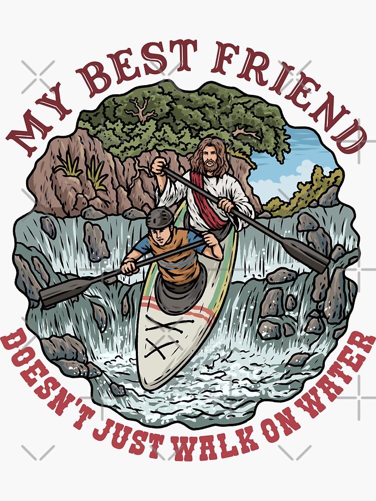 Thumbnail 3 of 3, Sticker, Jesus & Man Kayaking designed and sold by ChristlikeMerch.