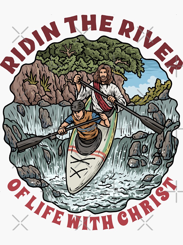 Thumbnail 3 of 3, Sticker, Jesus & Guy Kayaking designed and sold by ChristlikeMerch.