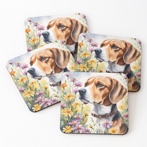 Item preview, Watercolor picture of a Beagle dog amongst wildflowers designed and sold by Petalandfur.