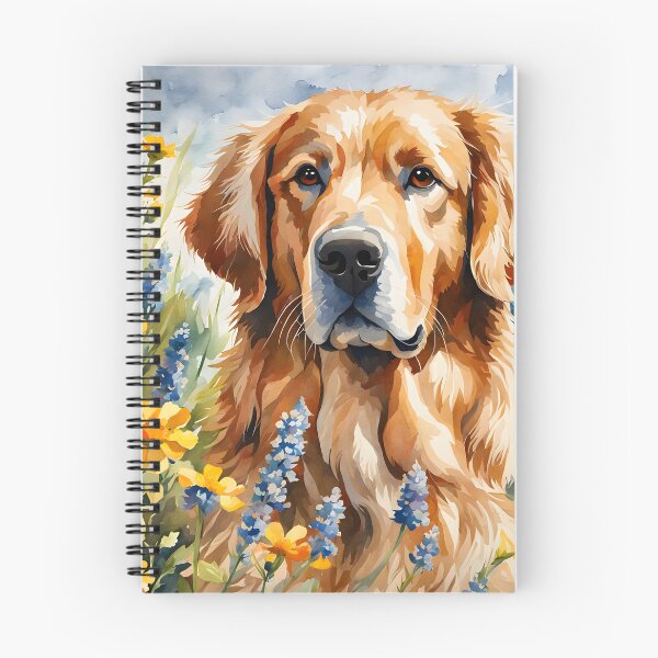 Item preview, Watercolor picture of a Golden Retriever dog amongst wildflowers designed and sold by Petalandfur.