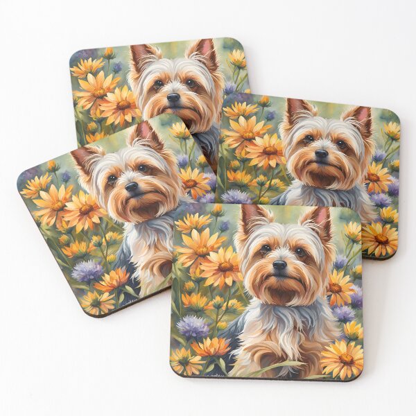 Item preview, Watercolor picture of a Yorkshire Terrier dog amongst wildflowers designed and sold by Petalandfur.