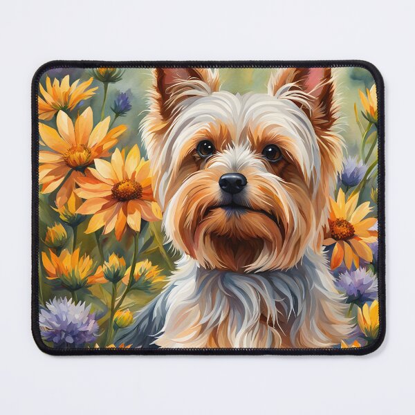 Item preview, Watercolor picture of a Yorkshire Terrier dog amongst wildflowers designed and sold by Petalandfur.
