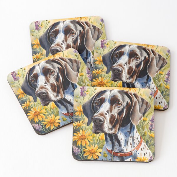 Item preview, Watercolor picture of a German Shorthair Pointer dog amongst wildflowers designed and sold by Petalandfur.