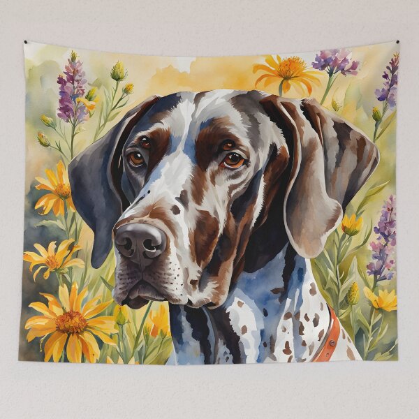 Item preview, Watercolor picture of a German Shorthair Pointer dog amongst wildflowers designed and sold by Petalandfur.