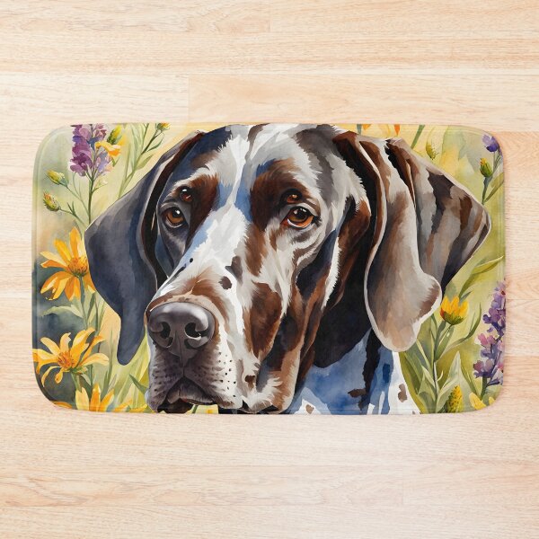 Item preview, Watercolor picture of a German Shorthair Pointer dog amongst wildflowers designed and sold by Petalandfur.