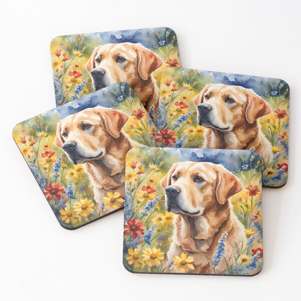Item preview, Watercolor picture of a Labrador Retriever dog amongst wildflowers designed and sold by Petalandfur.