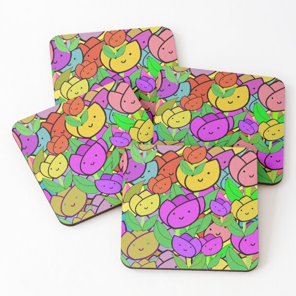 Item preview, Happy, Smiley, Kawaii Colorful Tulips Pattern on Yellow Background designed and sold by Victoria Rose.