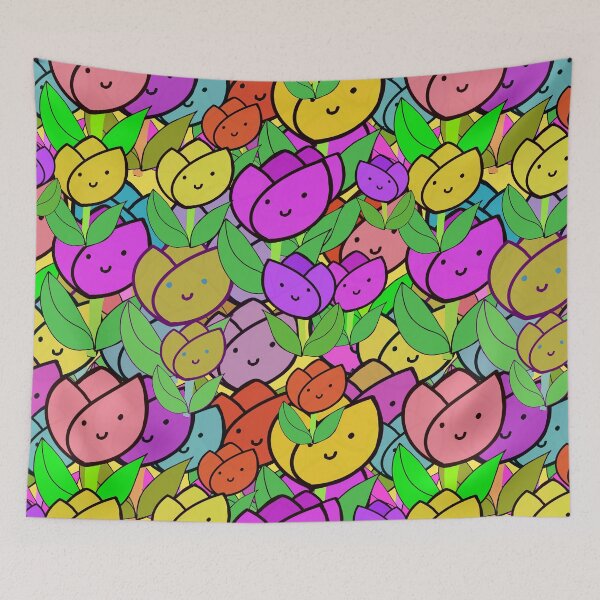 Item preview, Happy, Smiley, Kawaii Colorful Tulips Pattern on Yellow Background designed and sold by Victoria Rose.