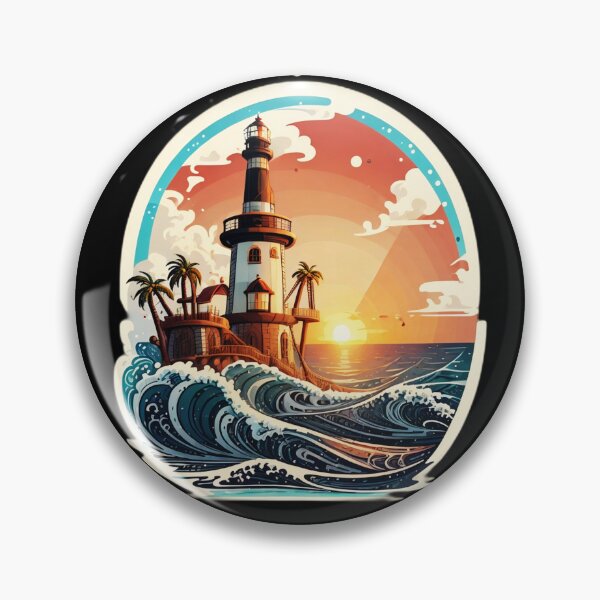 Item preview, Retro Lighthouse at Sunset with Ocean Waves designed and sold by NautiChic.