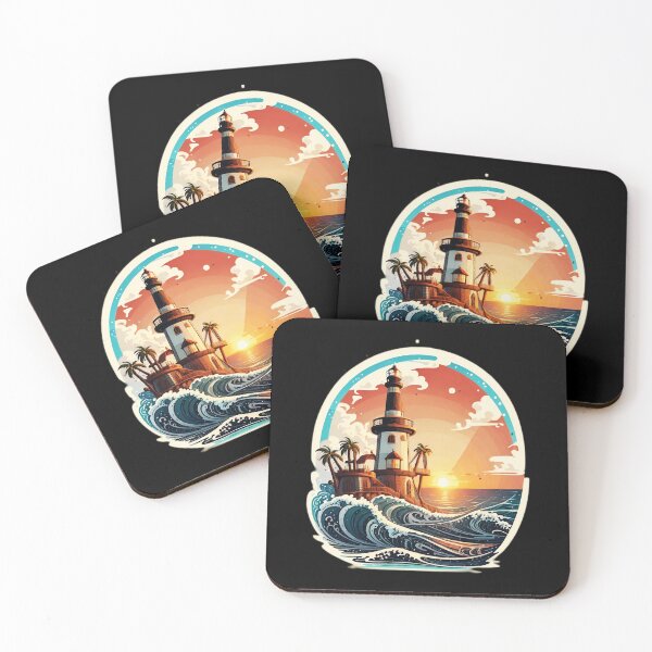 Item preview, Retro Lighthouse at Sunset with Ocean Waves designed and sold by NautiChic.