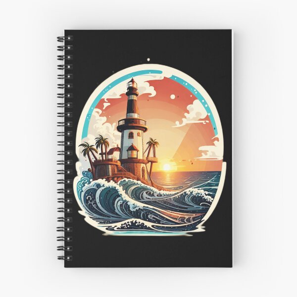 Item preview, Retro Lighthouse at Sunset with Ocean Waves designed and sold by NautiChic.