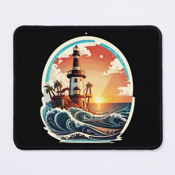 Item preview, Retro Lighthouse at Sunset with Ocean Waves designed and sold by NautiChic.