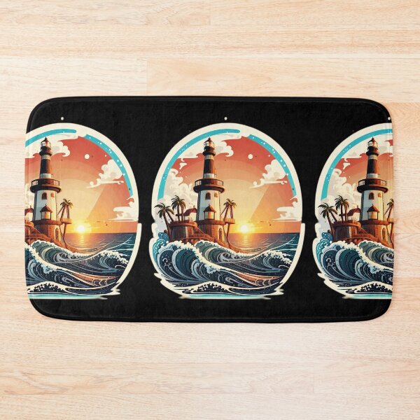 Item preview, Retro Lighthouse at Sunset with Ocean Waves designed and sold by NautiChic.