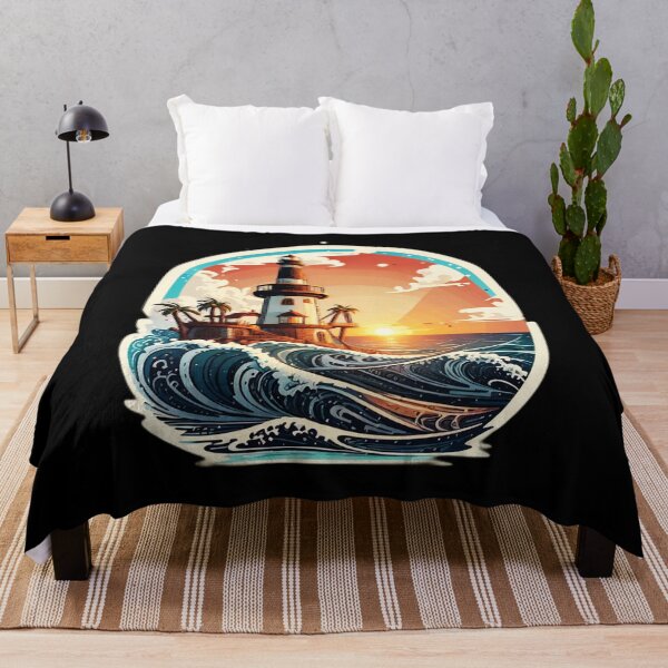Item preview, Retro Lighthouse at Sunset with Ocean Waves designed and sold by NautiChic.
